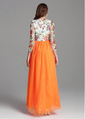 Tulle Lace Bateau Orange Long Sleeve A-line Prom Dress