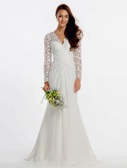 Beach Boho Wedding Dresses Sweep / Brush Train Sheath / Column Long Sleeve V Neck Chiffon With Lace Buttons