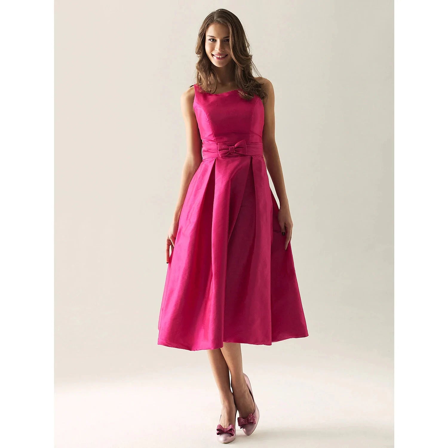 Ball Gown / A-Line Bridesmaid Dress Straps Sleeveless Elegant Tea Length Taffeta with Bow(s) / Draping - RongMoon