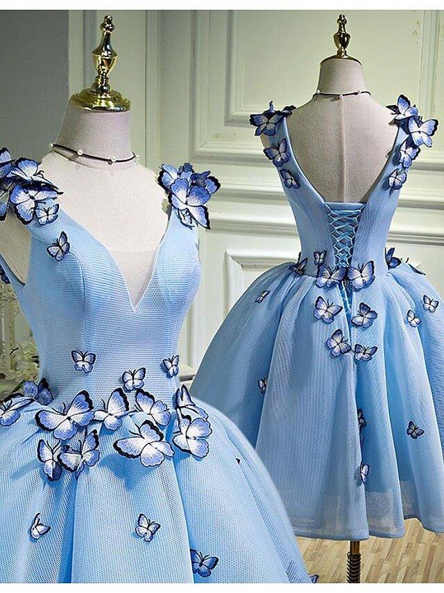 Ball Gown Bridesmaid Dress Plunging Neck Sleeveless Open Back Tea Length Tulle with Appliques - RongMoon