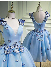 Ball Gown Bridesmaid Dress Plunging Neck Sleeveless Open Back Tea Length Tulle with Appliques - RongMoon