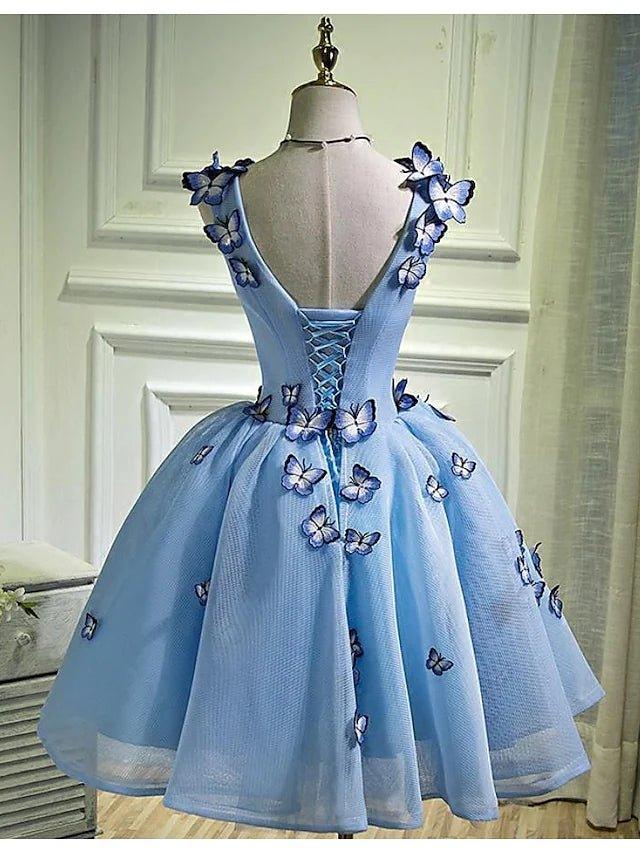 Ball Gown Bridesmaid Dress Plunging Neck Sleeveless Open Back Tea Length Tulle with Appliques - RongMoon