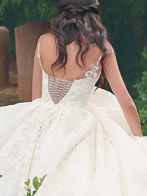 Ball Gown Spaghetti Straps Sleeveless Sweep/Brush Train Lace Tulle Wedding Dresses - RongMoon