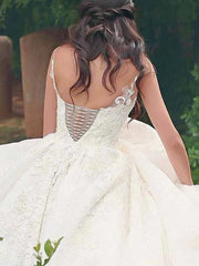 Ball Gown Spaghetti Straps Sleeveless Sweep/Brush Train Lace Tulle Wedding Dresses - RongMoon
