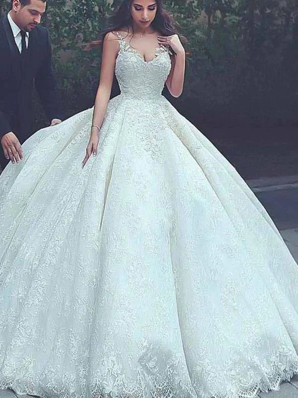 Ball Gown Spaghetti Straps Sleeveless Sweep/Brush Train Lace Tulle Wedding Dresses - RongMoon