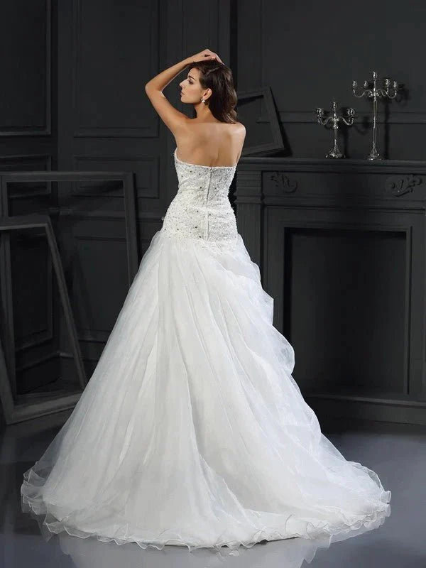 Ball Gown Sweetheart Ruffles Sleeveless Long Organza Wedding Dresses - RongMoon
