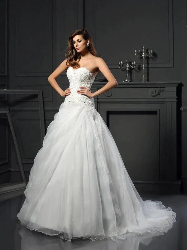 Ball Gown Sweetheart Ruffles Sleeveless Long Organza Wedding Dresses - RongMoon