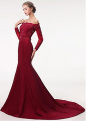 Satin Off-the-shoulder Beading Red Mermaid Evening Dress With Belt