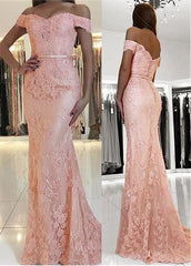 Lace Off-the-shoulder Pink Belt Mermaid Evening Dress