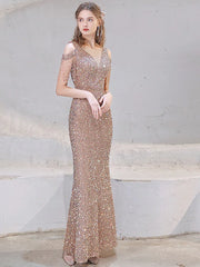 Mermaid / Trumpet Prom Dresses Sparkle Dress Wedding Guest Floor Length Short Sleeve V Neck Sequined with Beading Sequin