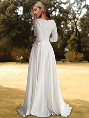 Hall Casual Wedding Dresses A-Line Scoop Neck 3/4 Length Sleeve Sweep / Brush Train Stretch Fabric Bridal Gowns With Pleats Solid Color