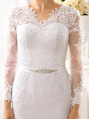 Engagement Open Back Formal Wedding Dresses Court Train Mermaid / Trumpet Long Sleeve Illusion Neck Chiffon With Sash / Ribbon Appliques