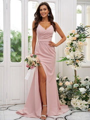 Sheath/Column Stretch Crepe Ruched V-neck Sleeveless Sweep/Brush Train Bridesmaid Dresses - RongMoon
