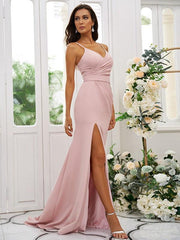Sheath/Column Stretch Crepe Ruched V-neck Sleeveless Sweep/Brush Train Bridesmaid Dresses - RongMoon