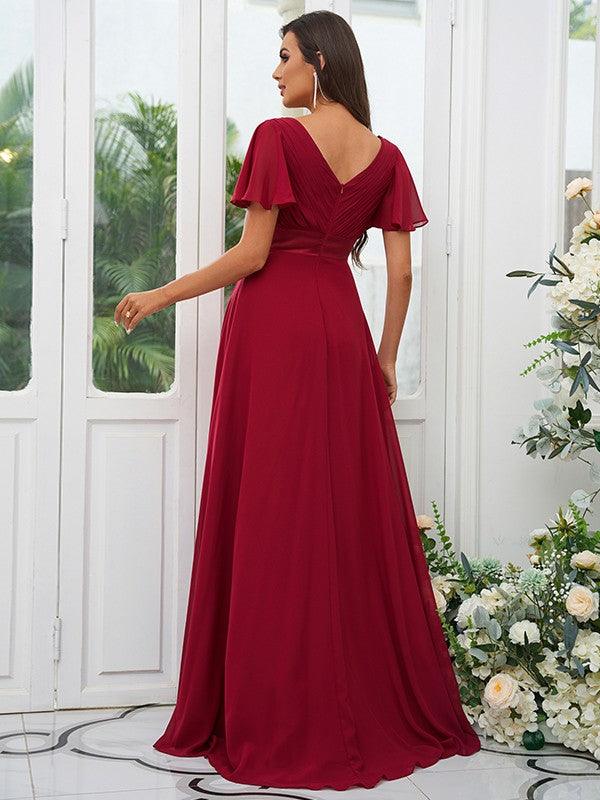 A-Line/Princess Chiffon Ruched V-neck Short Sleeves Sweep/Brush Train Bridesmaid Dresses - RongMoon