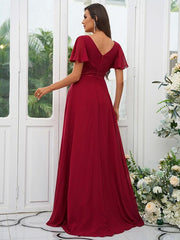 A-Line/Princess Chiffon Ruched V-neck Short Sleeves Sweep/Brush Train Bridesmaid Dresses - RongMoon