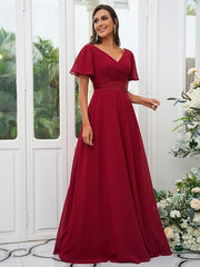 A-Line/Princess Chiffon Ruched V-neck Short Sleeves Sweep/Brush Train Bridesmaid Dresses - RongMoon