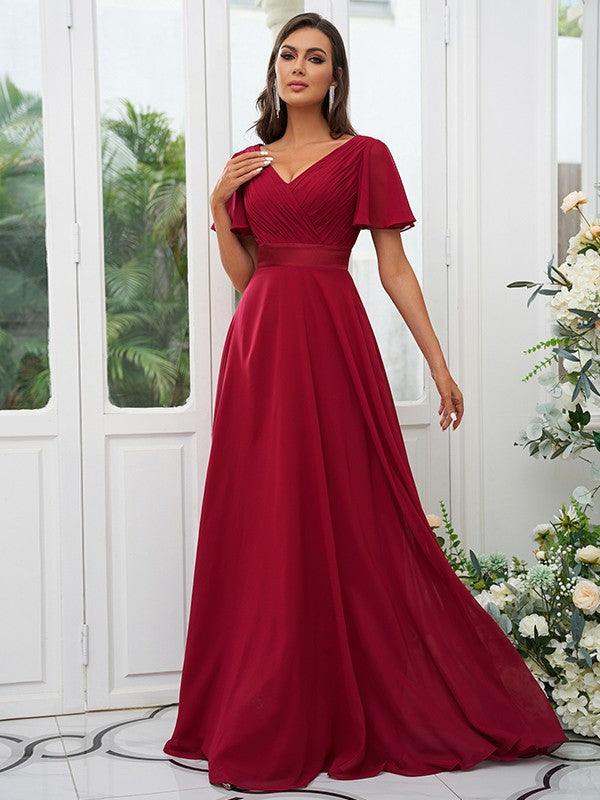 A-Line/Princess Chiffon Ruched V-neck Short Sleeves Sweep/Brush Train Bridesmaid Dresses - RongMoon