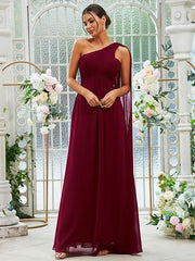 A-Line/Princess Chiffon Ruched One-Shoulder Sleeveless Floor-Length Bridesmaid Dresses - RongMoon