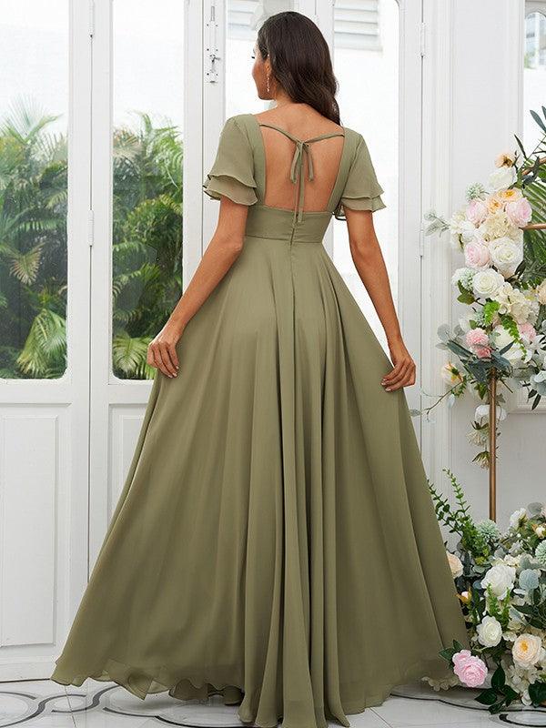 A-Line/Princess Chiffon Ruffles V-neck Short Sleeves Floor-Length Bridesmaid Dresses - RongMoon