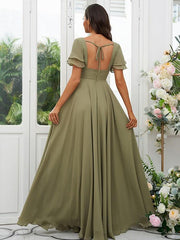 A-Line/Princess Chiffon Ruffles V-neck Short Sleeves Floor-Length Bridesmaid Dresses - RongMoon