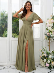 A-Line/Princess Chiffon Ruffles V-neck Short Sleeves Floor-Length Bridesmaid Dresses - RongMoon