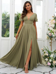 A-Line/Princess Chiffon Ruffles V-neck Short Sleeves Floor-Length Bridesmaid Dresses - RongMoon