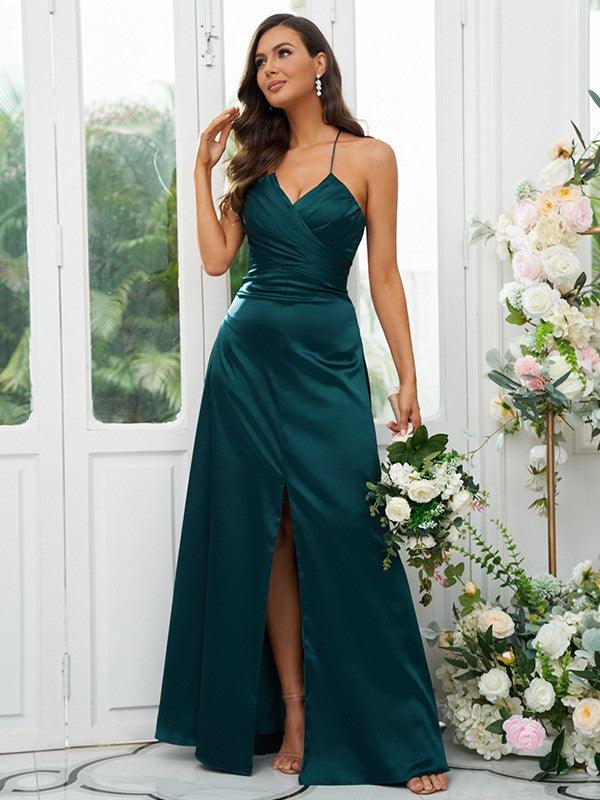 A-Line/Princess Elastic Woven Satin Ruched V-neck Sleeveless Floor-Length Bridesmaid Dresses - RongMoon