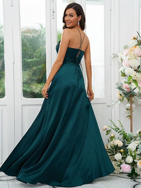 A-Line/Princess Elastic Woven Satin Ruched V-neck Sleeveless Floor-Length Bridesmaid Dresses - RongMoon