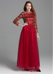 Charming Tulle Bateau Red Long A-line Prom Dress