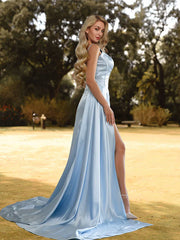 Blue Spaghetti Strap Satin Prom Dress With Slit
