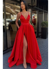A Line Satin V Neck Sexy Long Prom Formal Dress