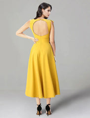 A-Line Wedding Guest Dresses Backless Dress Summer Tea Length Sleeveless Jewel Neck Stretch Fabric with Ruffles