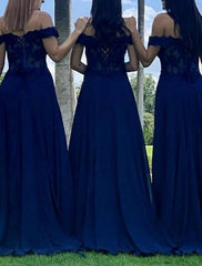 A-Line Bridesmaid Dress Off Shoulder Short Sleeve Elegant Sweep / Brush Train Chiffon / Lace with Pleats / Solid Color A-Line Bridesmaid Dress Off Shoulder Short Sleeve Elegant Sweep / Brush Train Chiffon / Lace with Pleats / Solid Color - RongMoon
