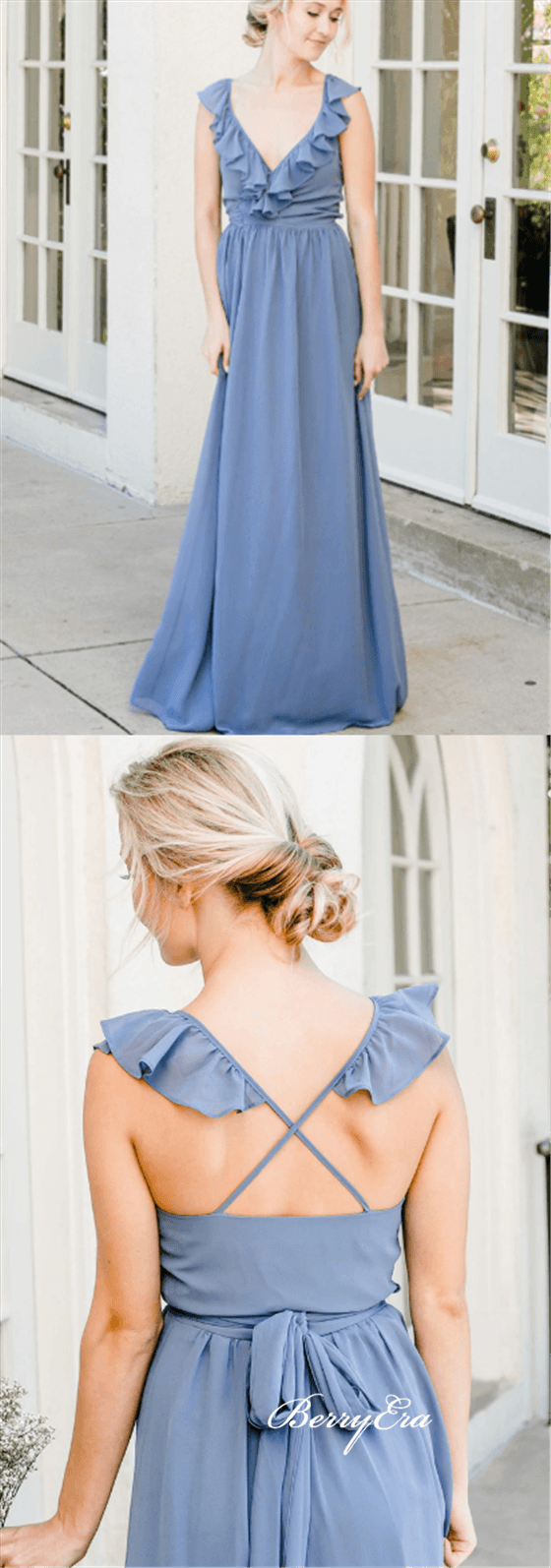 V-neck Ruffled A-line Blue Bridesmaid Dresses - RongMoon