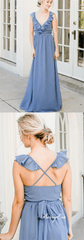 V-neck Ruffled A-line Blue Bridesmaid Dresses - RongMoon