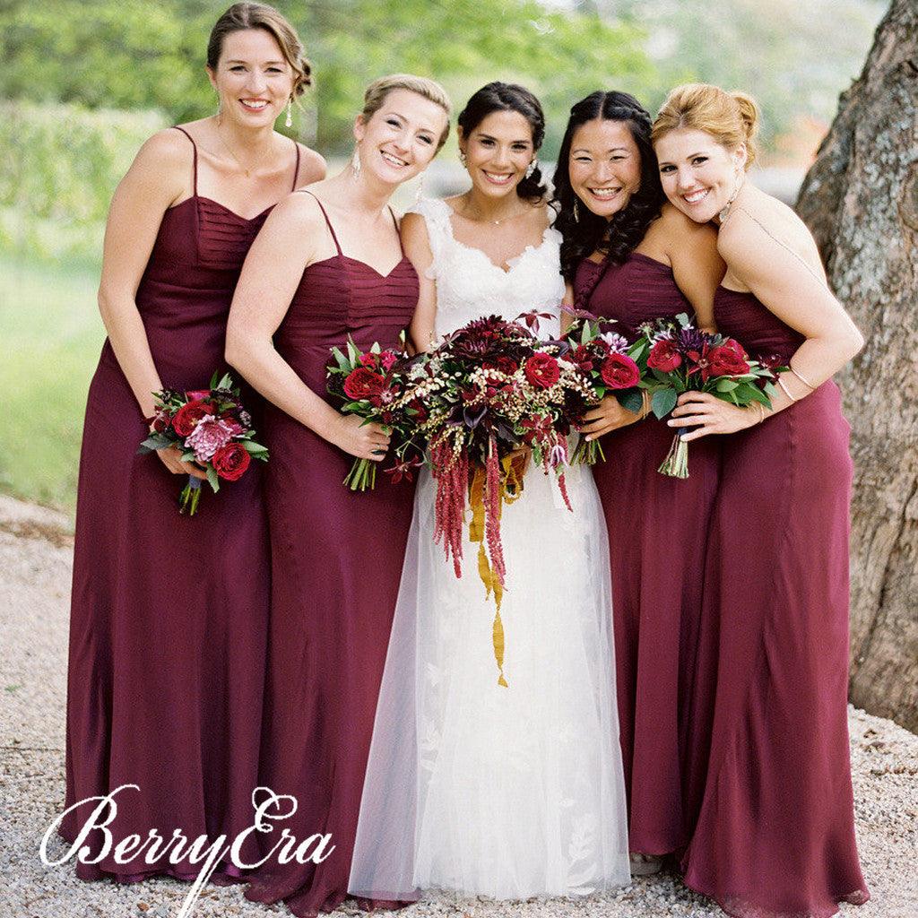 Spaghetti Chiffon Maroon Sheath Long Bridesmaid Dresses - RongMoon