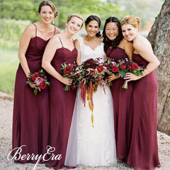 Spaghetti Chiffon Maroon Sheath Long Bridesmaid Dresses - RongMoon