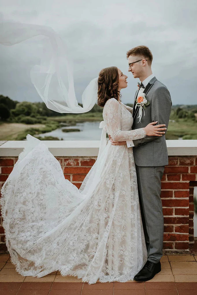 A Line Long Sleeves Lace Boho Wedding Dress
