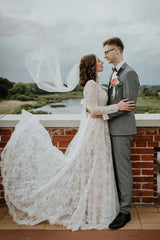 A Line Long Sleeves Lace Boho Wedding Dress