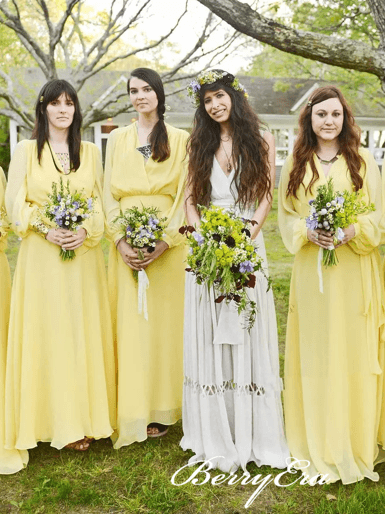 Long Sleeves A-ine Yellow Chiffon Boho Wedding Bridesmaid Dresses - RongMoon