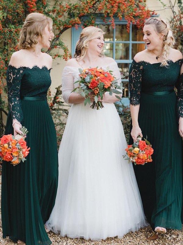 Off Shoulder Emerald Green Long A-line Chiffon Lace Bridesmaid Dresses - RongMoon