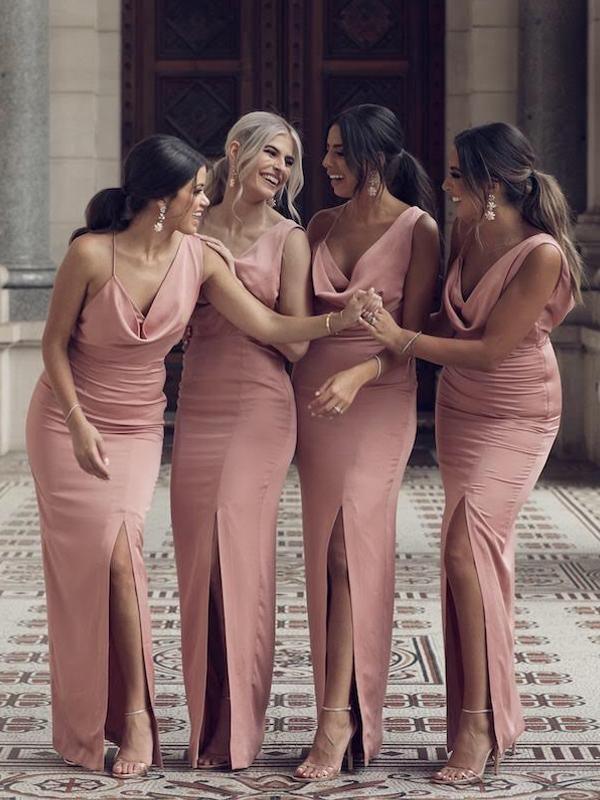 Dusty Rose Long Mermaid Front Slit Bridesmaid Dresses - RongMoon