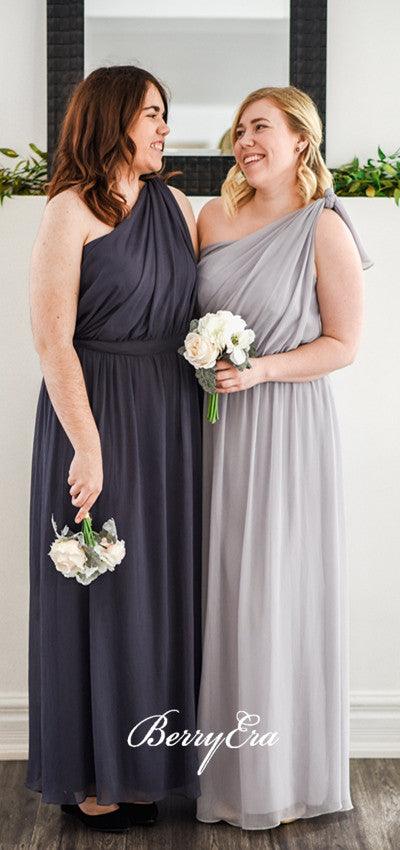 One Shoulder Grey Chiffon Long Bridesmaid Dresses - RongMoon