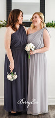 One Shoulder Grey Chiffon Long Bridesmaid Dresses - RongMoon