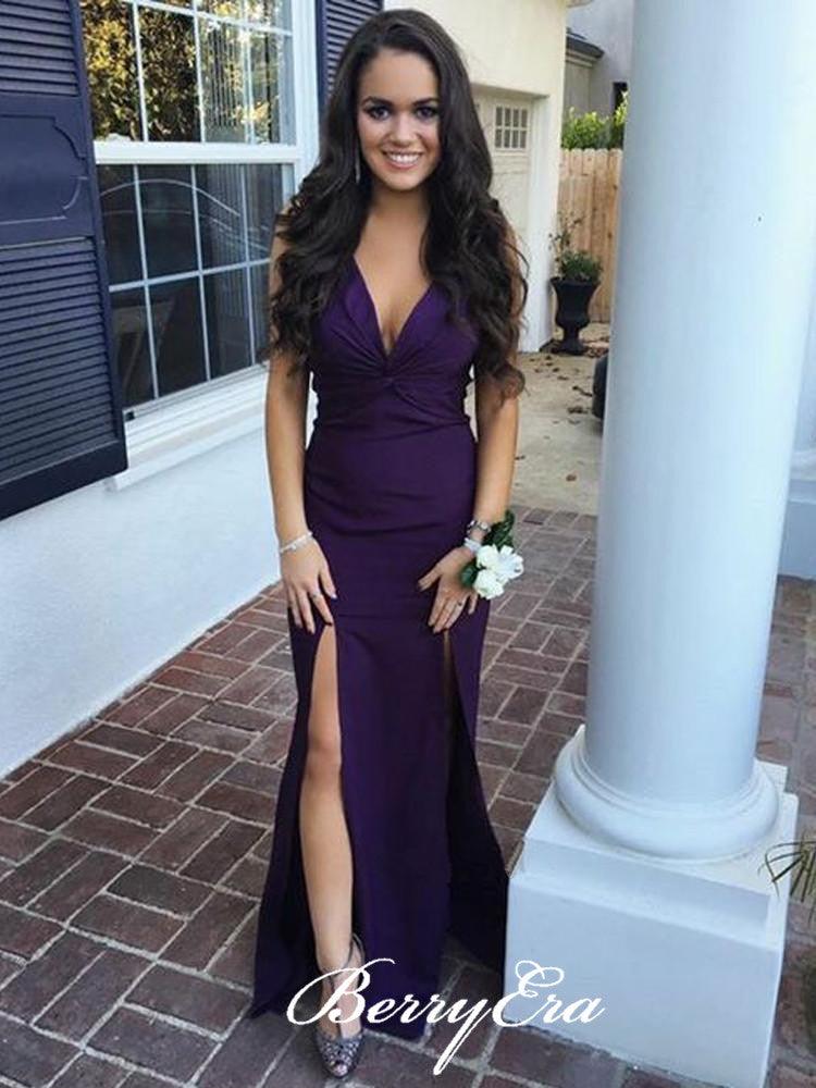 V-neck Slits Mermaid Purple Long Bridesmaid Dresses - RongMoon