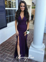 V-neck Slits Mermaid Purple Long Bridesmaid Dresses - RongMoon