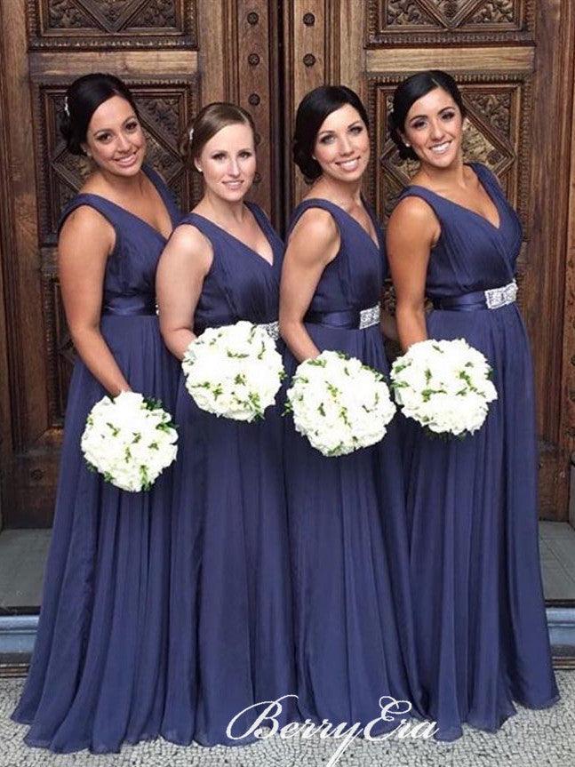 V-neck A-line Navy Long Bridesmaid Dresses - RongMoon