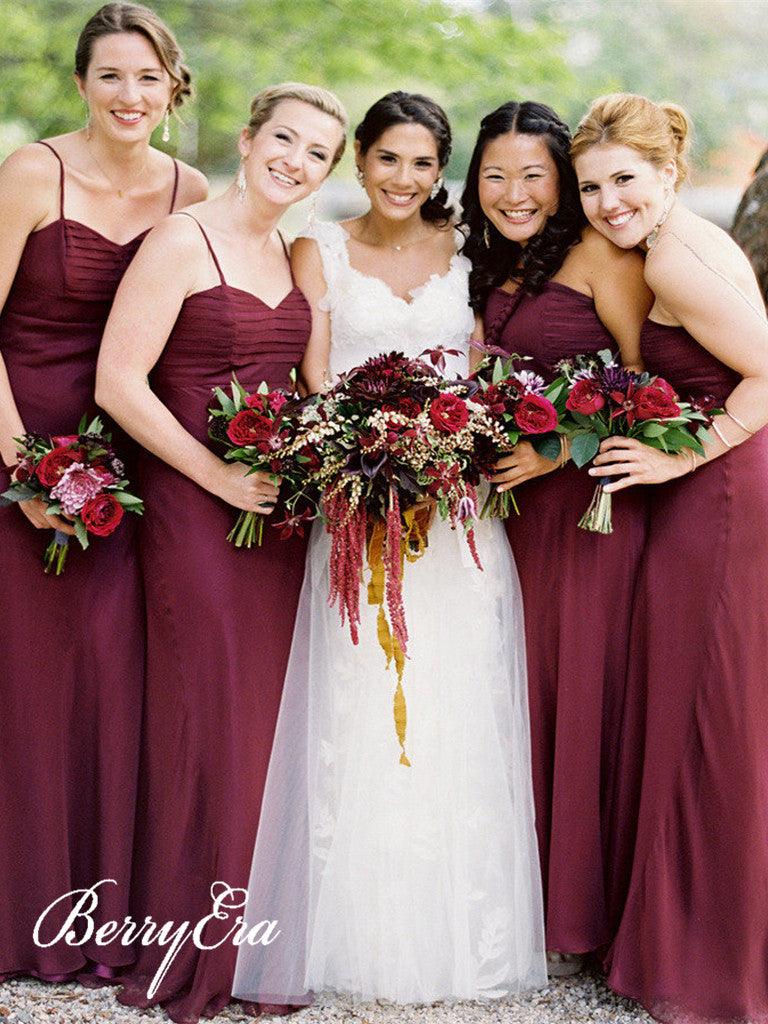 Spaghetti Chiffon Maroon Sheath Long Bridesmaid Dresses - RongMoon