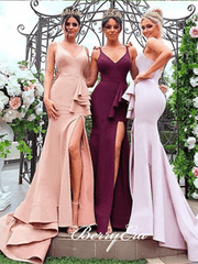Simple Jersey Long Mermaid Side Slit Bridesmaid Dresses - RongMoon